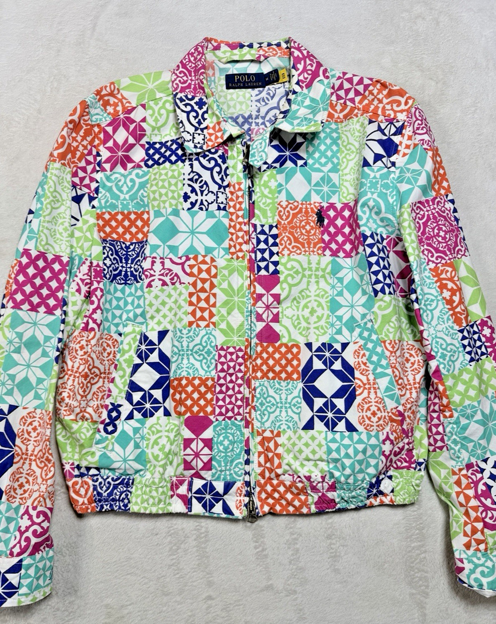 Polo Ralph Lauren Jacket Medium Mediterranean Tile Mosaic Cotton Harrington Zip
